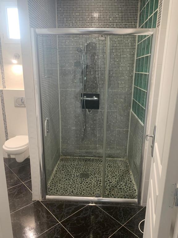 a shower stall in a bathroom with a toilet at Villa Tenjin Chambre 17 in Bondy