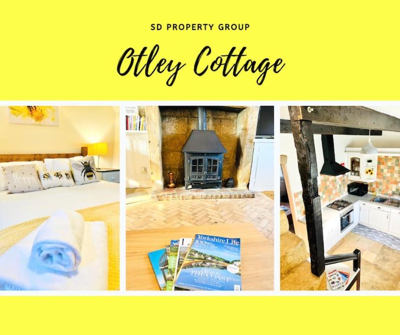 un collage de fotos de una cocina y un dormitorio en Otley Cottage, en Otley