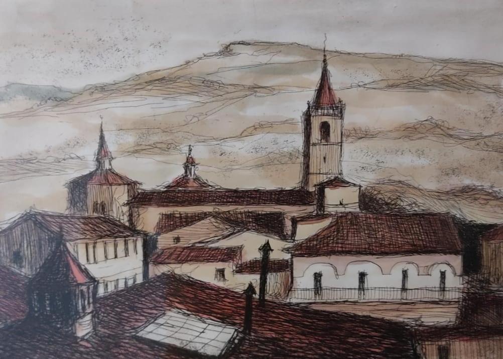 eine Zeichnung einer Stadt mit Dächern und einer Kirche in der Unterkunft Rua dell'arco n.11 in Ascoli Piceno