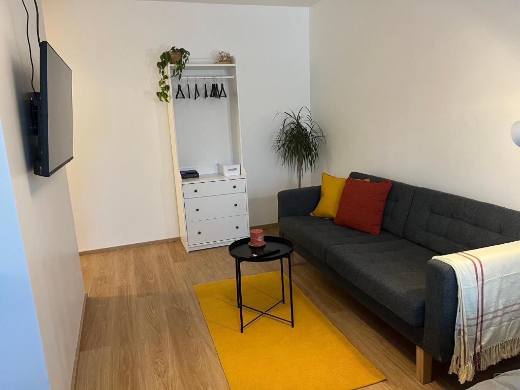 uma sala de estar com um sofá e uma mesa em Cosy apartment in the heart of Lahti, free parking em Lahti