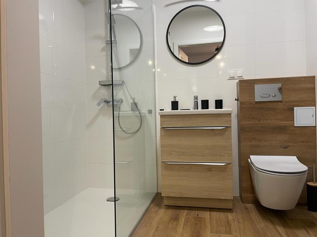 a bathroom with a shower and a toilet and a mirror at The Botanic Corner Apartment in Wrocław