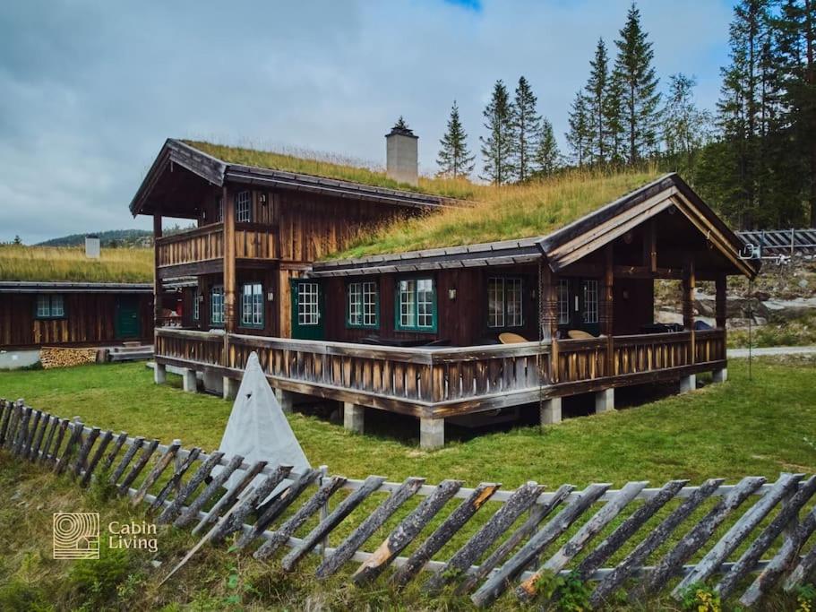 une grande maison en bois avec un toit en gazon dans l'établissement Grand cabin Nesfjellet lovely view Jacuzzi sauna, à Nes i Ådal
