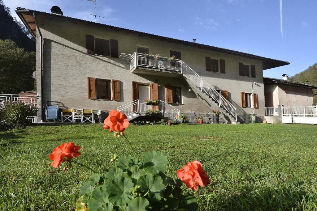 a house with red flowers in front of it at CASA DELLA CIVETTA FELICE in Pergine Valsugana