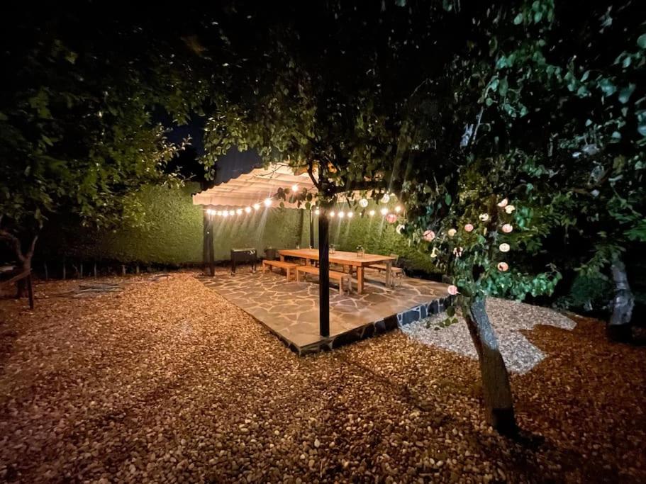 uma mesa de piquenique com luzes num parque à noite em Los Álamos, casa de campo cerca de Madrid em Chiloeches