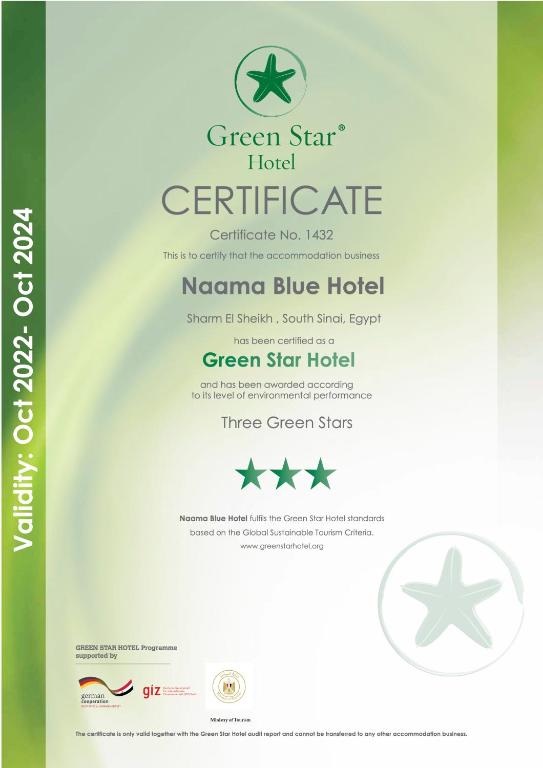 Certifikát, hodnocení, plakát nebo jiný dokument vystavený v ubytování Naama Blue Hotel