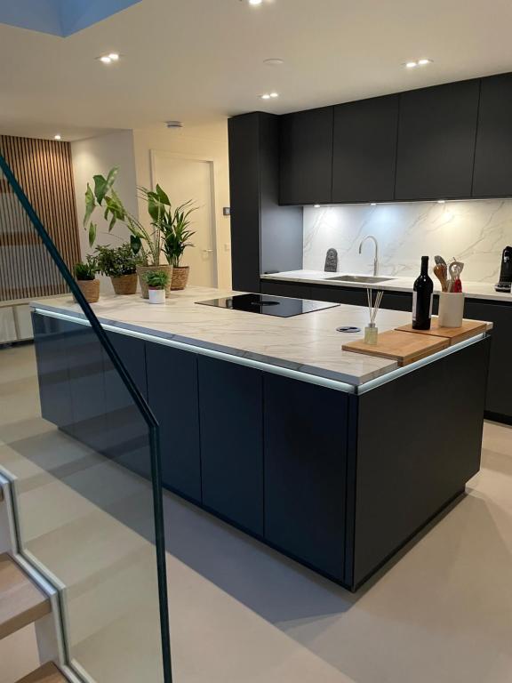 a kitchen with black cabinets and a kitchen island at Copenhagen Residence in Harderwijk