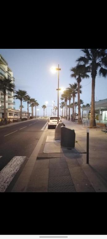 a street with palm trees and a car on the road at Appartement Ipanema Sud in Canet-en-Roussillon