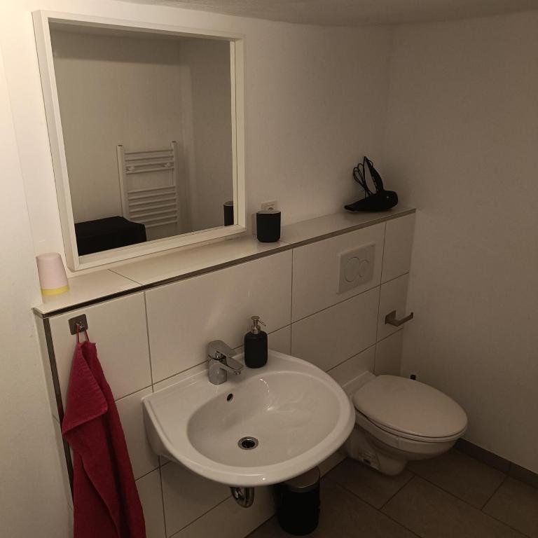 Koupelna v ubytování Apartments & möblierte Zimmer in Kahl am Main, kontaktloser Self Check-in, W-Lan, Schreibtisch, Duschbad, Küchenzeile, PKW-Plätze