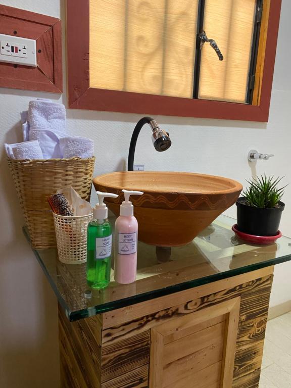 eine Badezimmertheke mit einem Spülbecken und zwei Flaschen Seife in der Unterkunft Chalet Villa Ines un paraiso en las montañas in Duitama