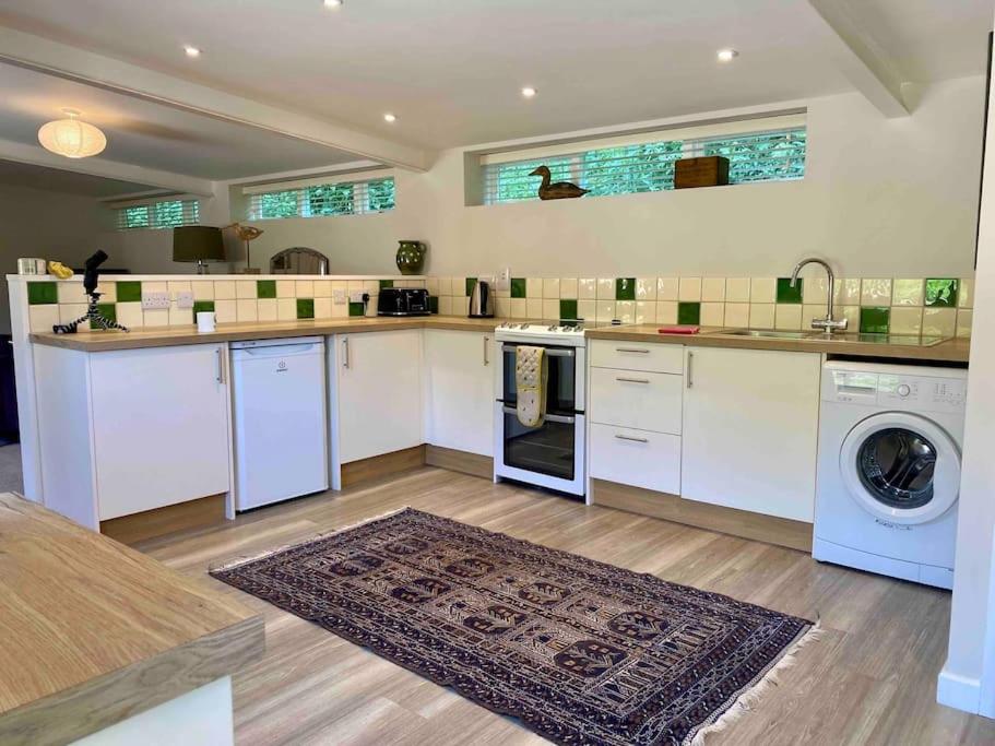 uma cozinha com armários brancos e uma máquina de lavar e secar roupa em Little Innsacre em Bridport