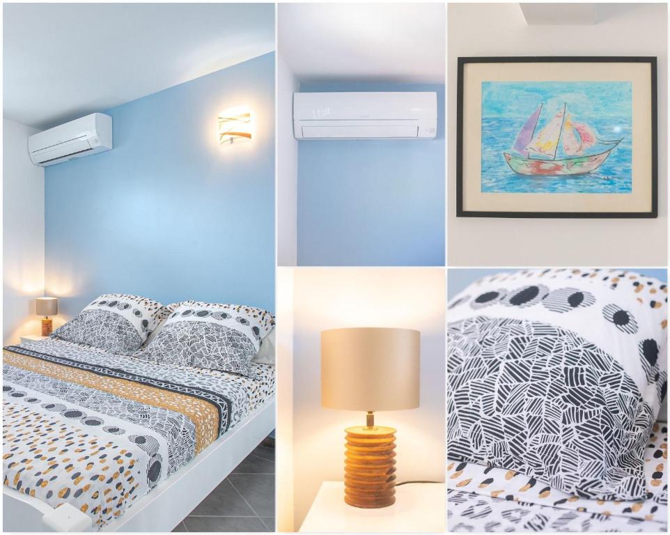 four images of a bedroom with a bed and a lamp at Douceur Antilla apartment in Morne Blanc