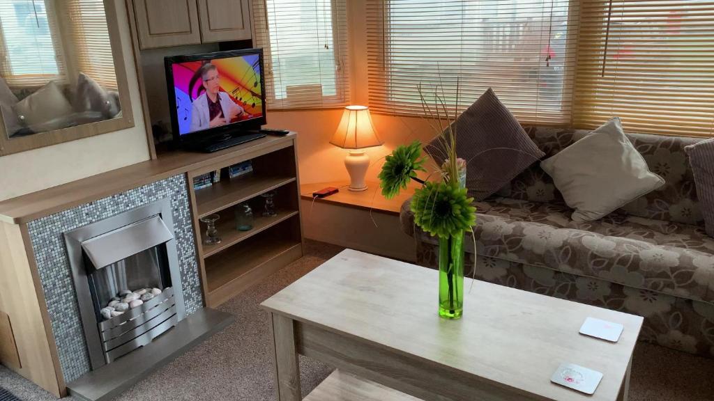 a living room with a couch and a fireplace at TM18 - 3 Bedroom Mobile Home Golden Palms Resort TV`s in Every Room Decking Indoor Heated Pool Entertainment complex & Close To Beaches PASSES NOT INCLUDED in Skegness