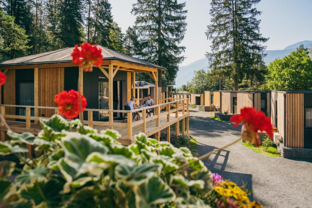 a group of modular homes in a garden at EuroParcs Pressegger See in Hermagor
