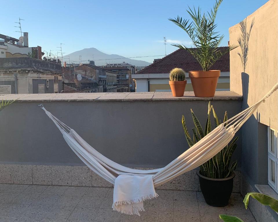 a hammock on a balcony with potted plants at Homestay in Catania