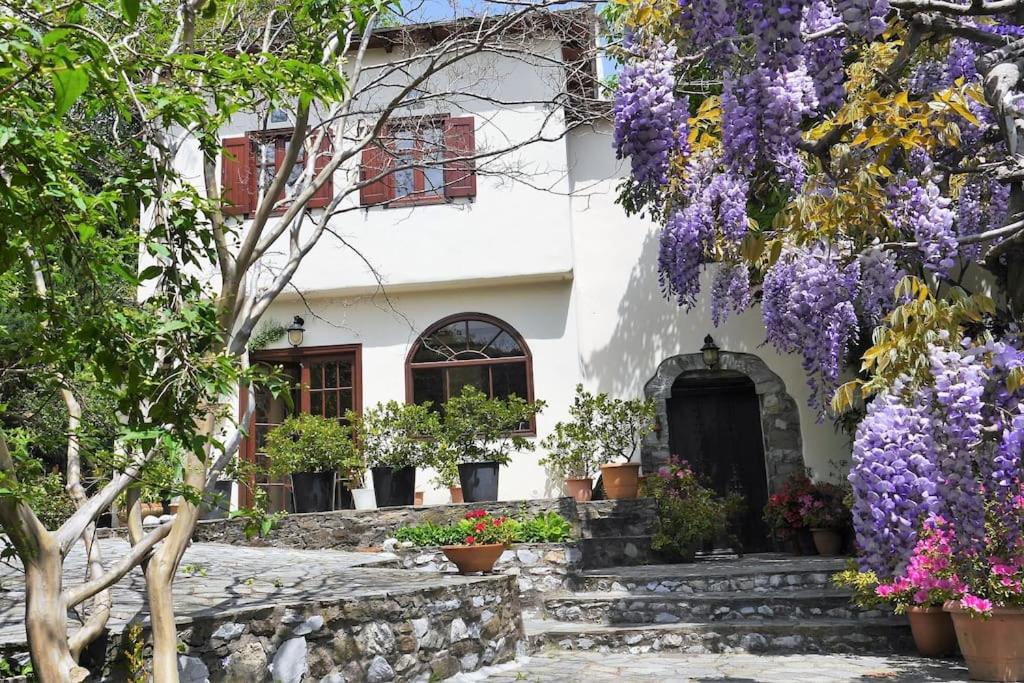 dom z fioletowymi kwiatami przed nim w obiekcie Wonderful 4 Bedroom Villa & separate guest house Villa Thalia w mieście Zagora