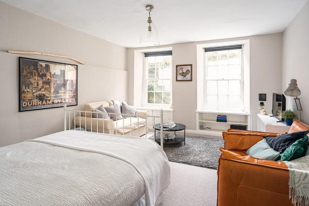 巴斯的住宿－Stunning Basement Flat in Central Location，一间卧室设有一张床和一间客厅。
