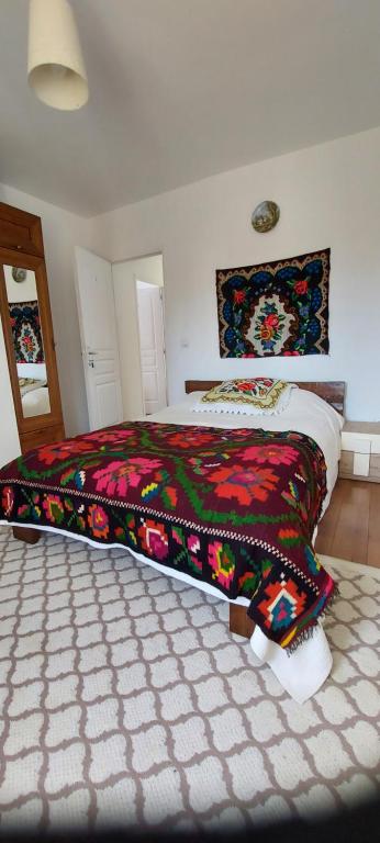 1 dormitorio con 1 cama grande con una manta colorida en La Ionicã Rozavlea MM, en Rozavlea