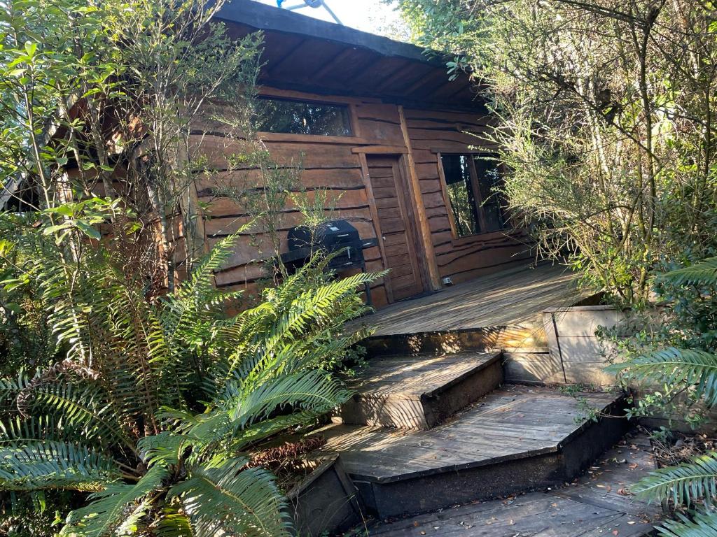 a wooden walkway leading to a cabin in the woods at Cabañas Lickanantay in Puerto Varas
