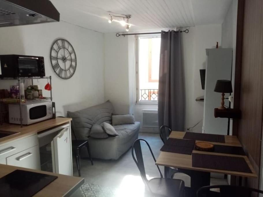 un salon avec un canapé et une table dans l'établissement Appartement au cœur de la ville, à Ax-les-Thermes