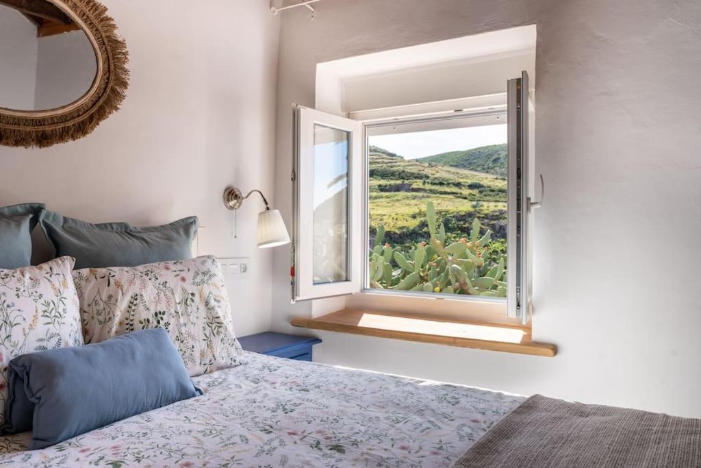 a bedroom with a bed and a window with a view at Vivienda Vacacional Rosa Blanca in Arure