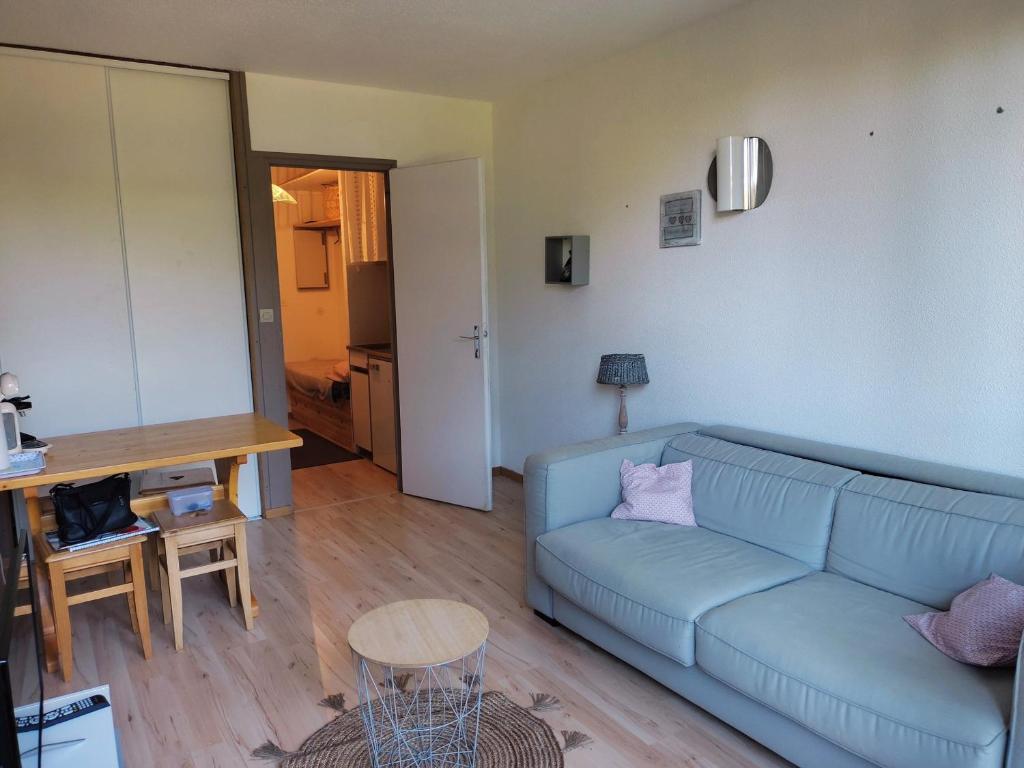 sala de estar con sofá azul y mesa en Studio Villard-de-Lans, 1 pièce, 2 personnes - FR-1-689-109, en Villard-de-Lans