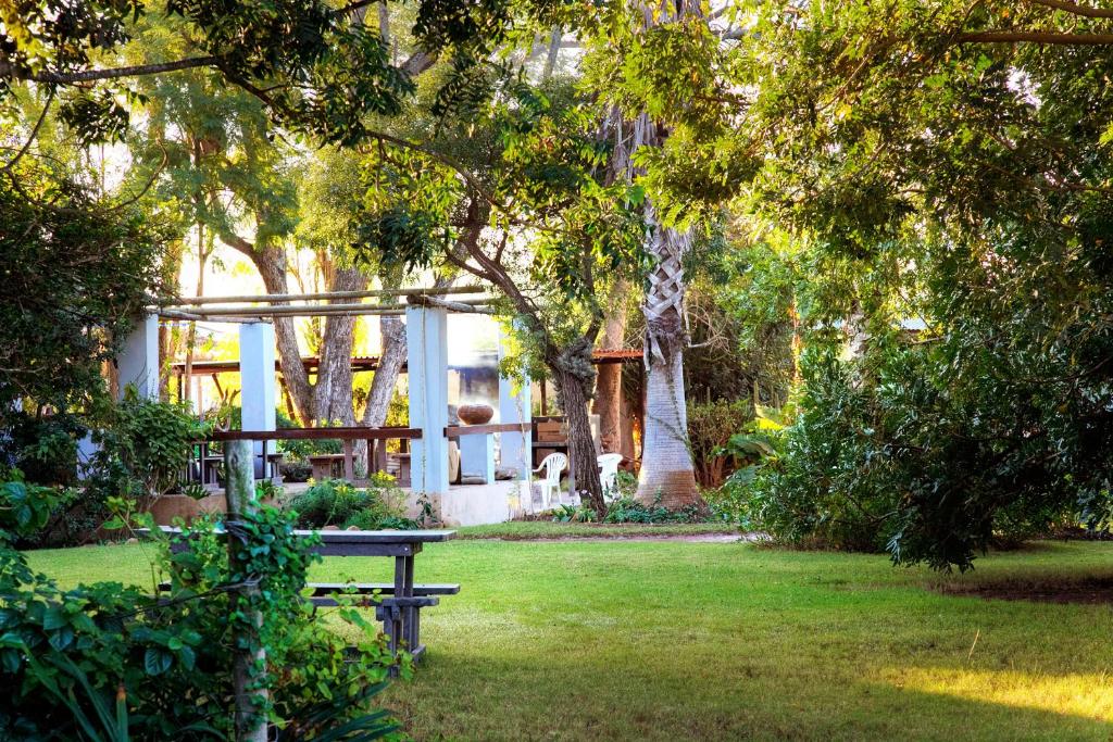 a park bench sitting in the grass in front of a house at Rosedale Organic Farm Bed & Breakfast in Addo