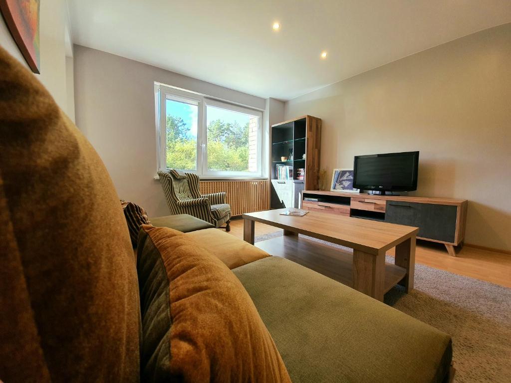 a living room with a couch and a table at Apartamentai ŠERMUKŠNIS in Druskininkai