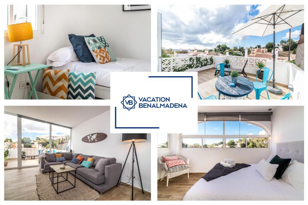 a collage of photos of a bedroom and a living room at VB Seguiriyas Paired House 2BDR Sea Views in Benalmádena
