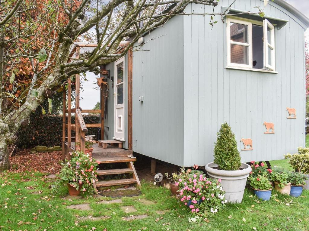 une petite maison avec une terrasse couverte et une échelle dans l'établissement Farmhouse Garden Shepherds Hut, à Thursley