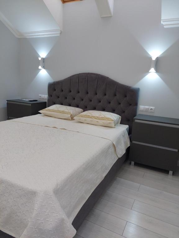 um quarto com uma cama grande com duas almofadas em Apartament Vip Chirie em Chisinau