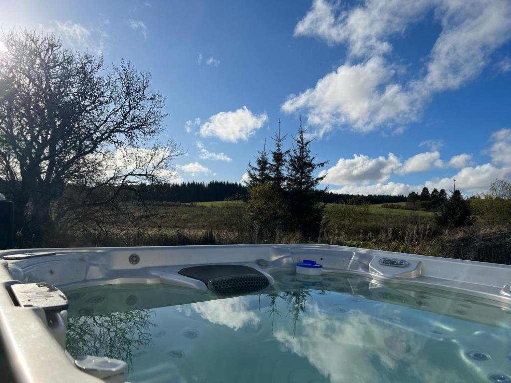 uma banheira de hidromassagem no meio de um campo em Ochiltree cottage em Newton Stewart