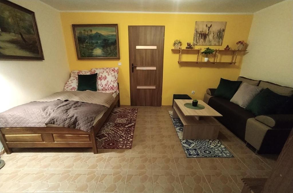 Apartament KARINA 2 في تيلسز: غرفة معيشة مع سرير وأريكة