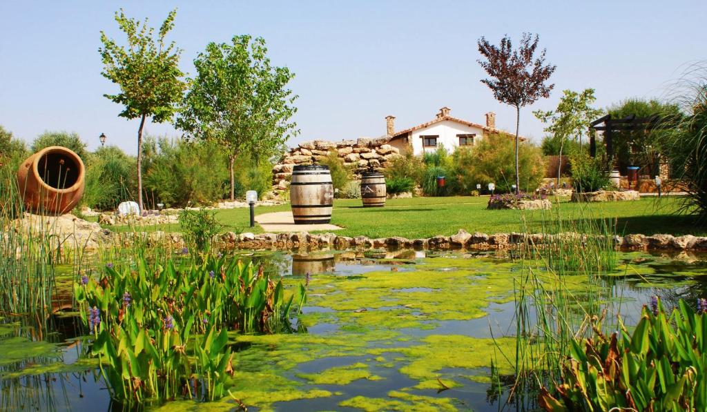 a garden with a pond with a house in the background at Hotel Encinar Bungalows-Restaurante in Pedro Muñoz
