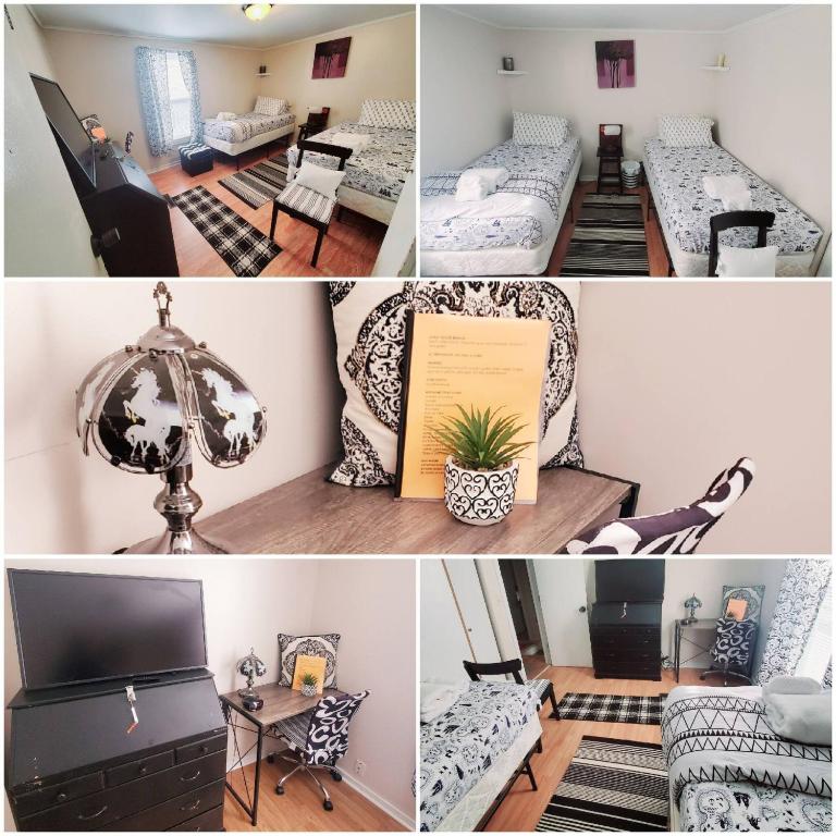 a collage of photos of a room with beds and a tv at Black-white Rm By Yale U in New Haven