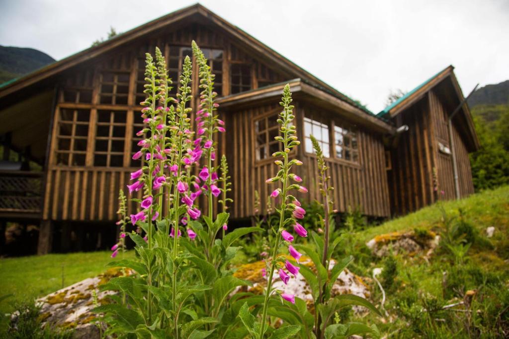 une maison avec des fleurs violettes devant elle dans l'établissement Casa Rústica Grande a orillas del Río Cisnes, Caminatas Pesca Tinaja Desayuno Cafetería, à Lago Verde