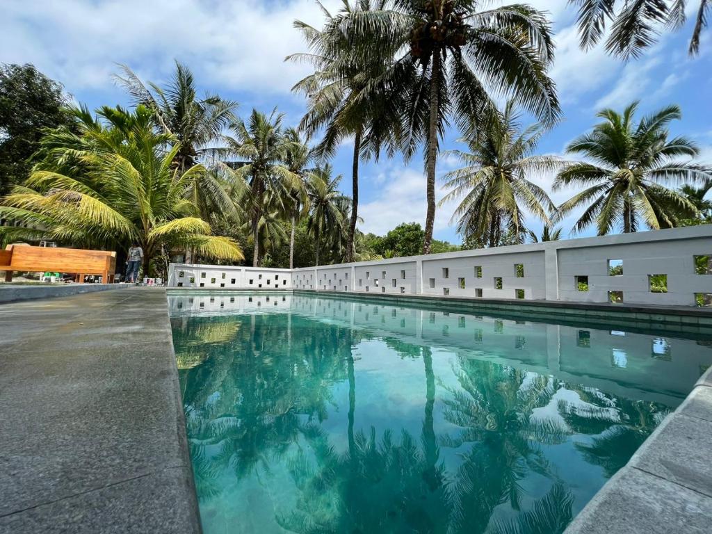 a swimming pool in front of a building with palm trees at Kuta Circle Homestay in Kuta Lombok