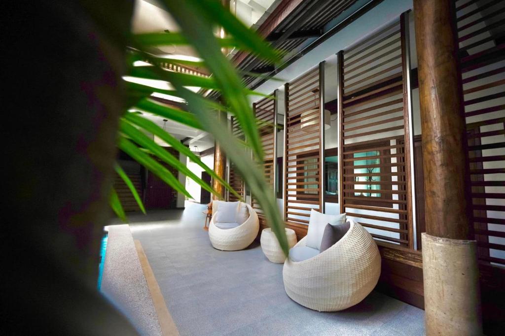 Shaded open-air corridor with wicker lounge chairs beside louvered rooms.