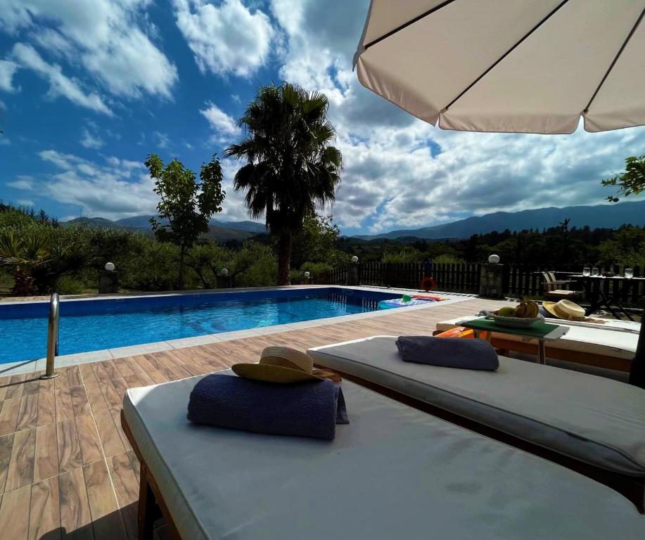 a swimming pool with two lounge chairs and an umbrella at Villa Domenico in Vryses