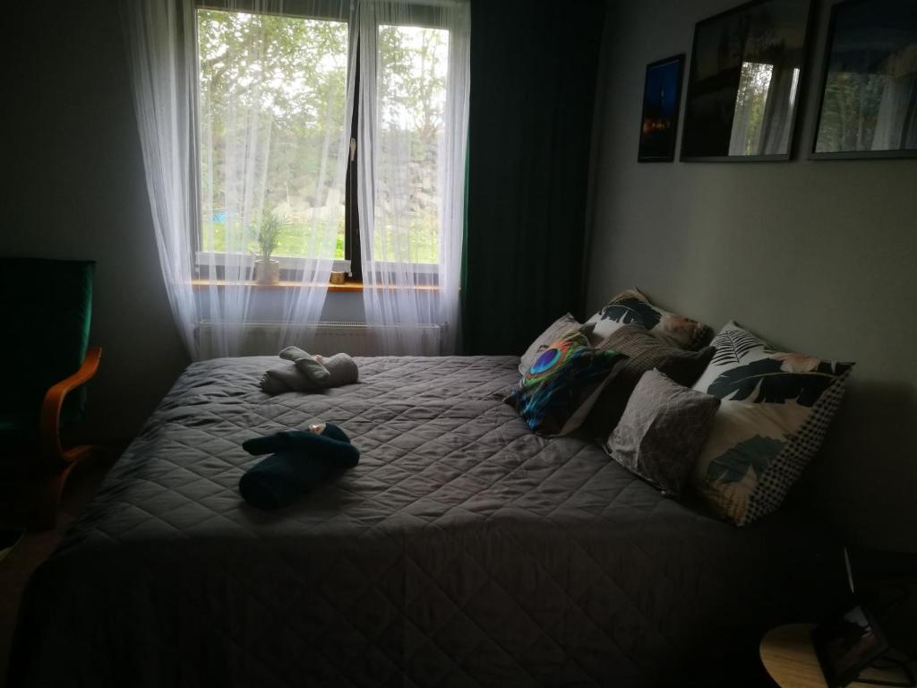 a bedroom with a bed with two teddy bears on it at Apartament u Waldemara in Łomnica