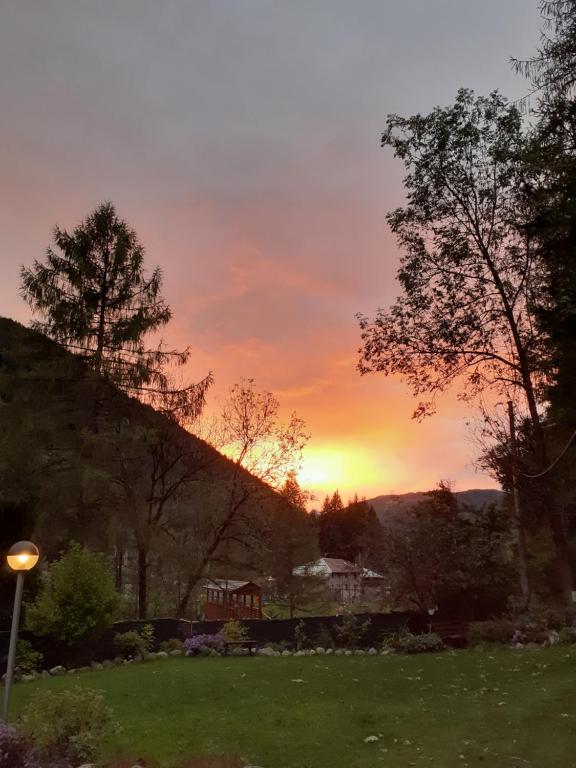 a sunset over a yard with a house and trees at Soggiorno Vacanze Stella Alpina in Temù