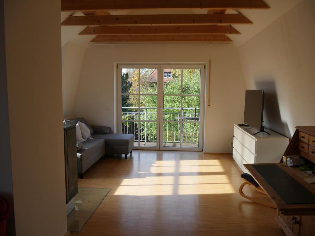 ein Wohnzimmer mit einem Sofa und einer Glasschiebetür in der Unterkunft Maisonette-Wohnung in Nürnberg mit Kamin in Nürnberg