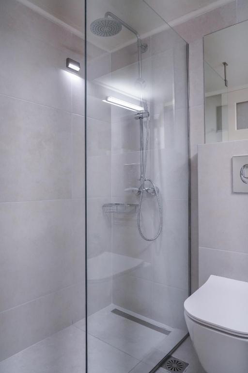 łazienka z przeszklonym prysznicem i toaletą w obiekcie The natural apartment w Nauplionie