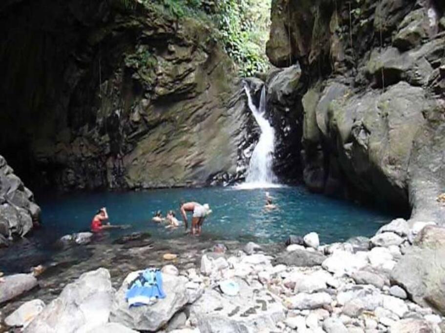 grupa ludzi w basenie z wodą w pobliżu wodospadu w obiekcie Aux charmes du Saut d'Eau w mieście Saint-Claude