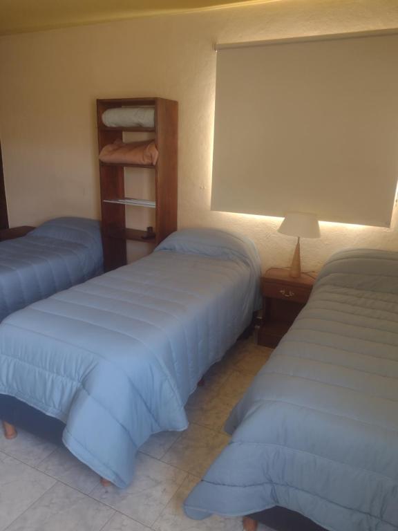 una habitación de hotel con 2 camas y una lámpara en Paso del cuadrado 2 en El Chaltén