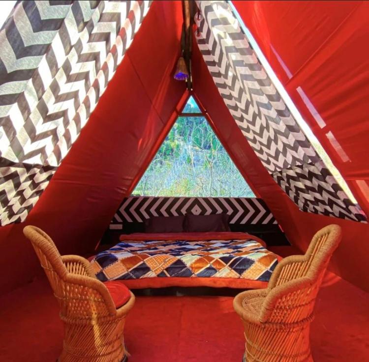 マナリにあるTravelON Manali Glamping Resortの椅子2脚とテント内のベッド1台が備わる客室です。