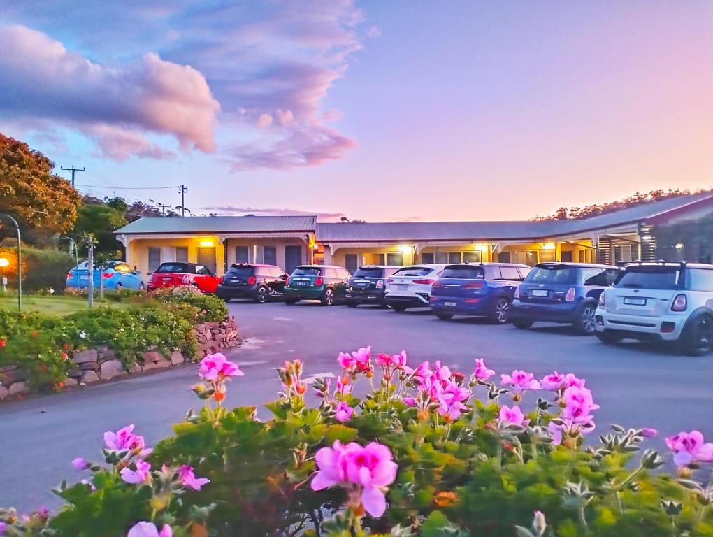 a hotel with cars parked in a parking lot at Wintersun Gardens Motel in Bicheno