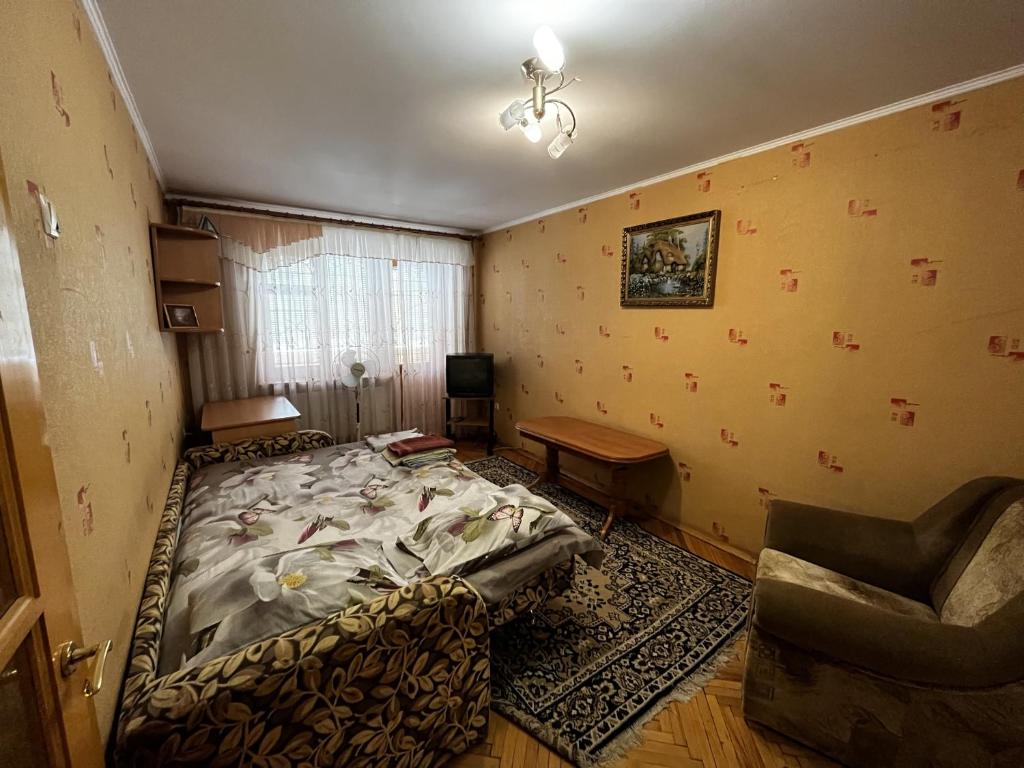 um quarto com uma cama e uma cadeira em Апартаменты рядом с парком центр em Vinnytsya