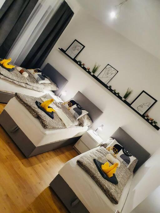 een uitzicht op twee bedden in een kamer bij Leon 3 wunderschönes neues Apartment in Linz