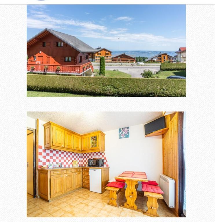 deux photos d'une cuisine et d'une maison dans l'établissement Magnifique studio style montagnard, à Thollon-les-Mémises