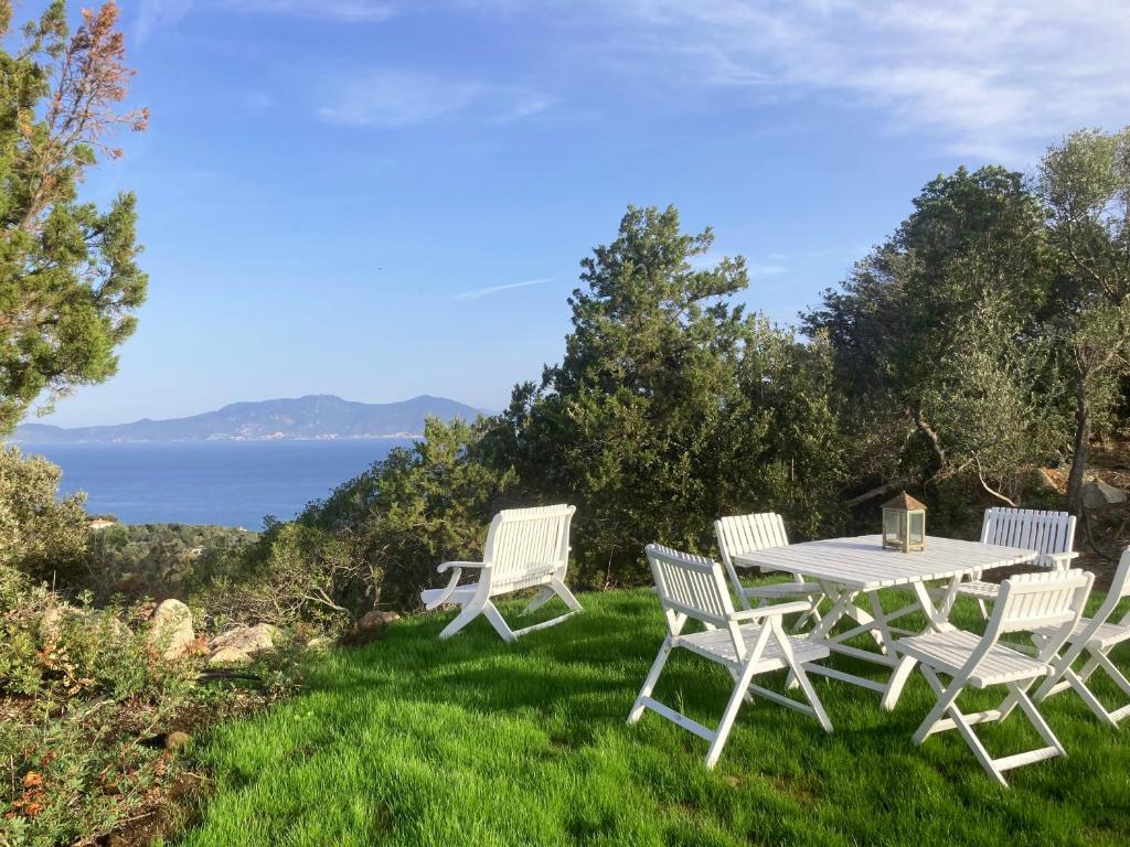 un tavolo da picnic e due sedie sull'erba con l'oceano di Domaine de la Coletta. Bergerie. Plage privative a Coti-Chiavari